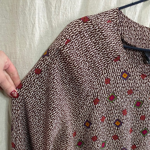 Vintage 80s Long Sleeve Brown with Jewel Tone Pattern Blouse + Shoulder Pads - Picture 8 of 15